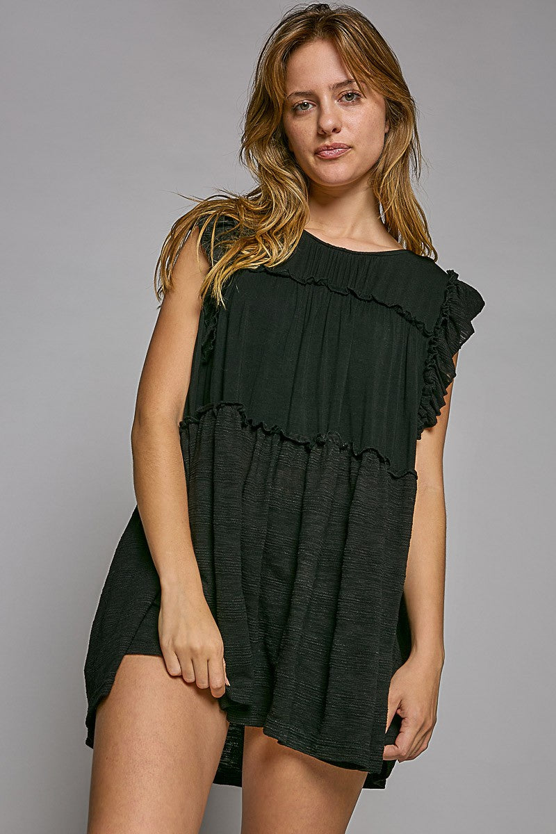 POL Round Neck Sleeveless Ruffle Back Button Tunic Top