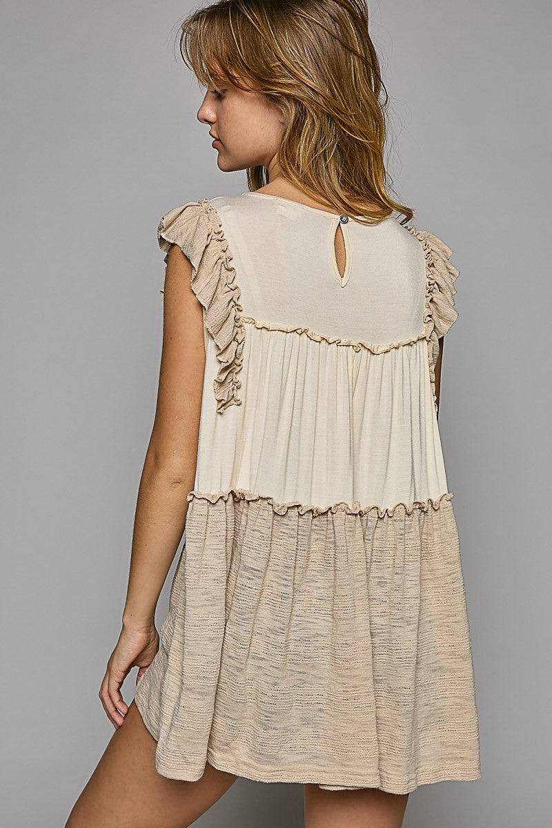 POL Round Neck Sleeveless Ruffle Back Button Tunic Top