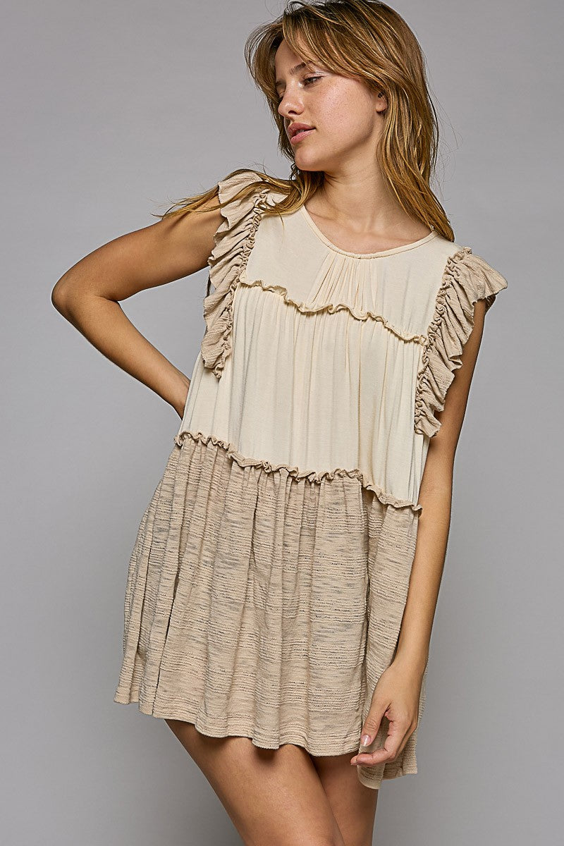 POL Round Neck Sleeveless Ruffle Back Button Tunic Top