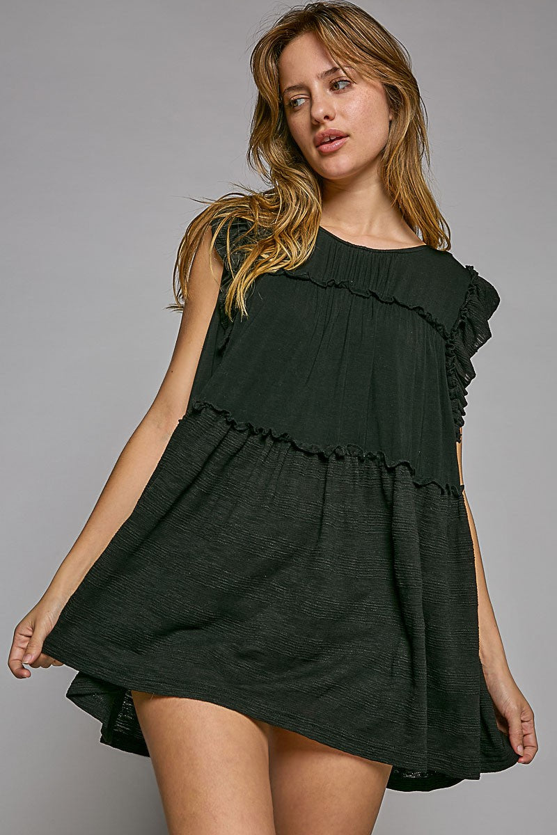 POL Round Neck Sleeveless Ruffle Back Button Tunic Top