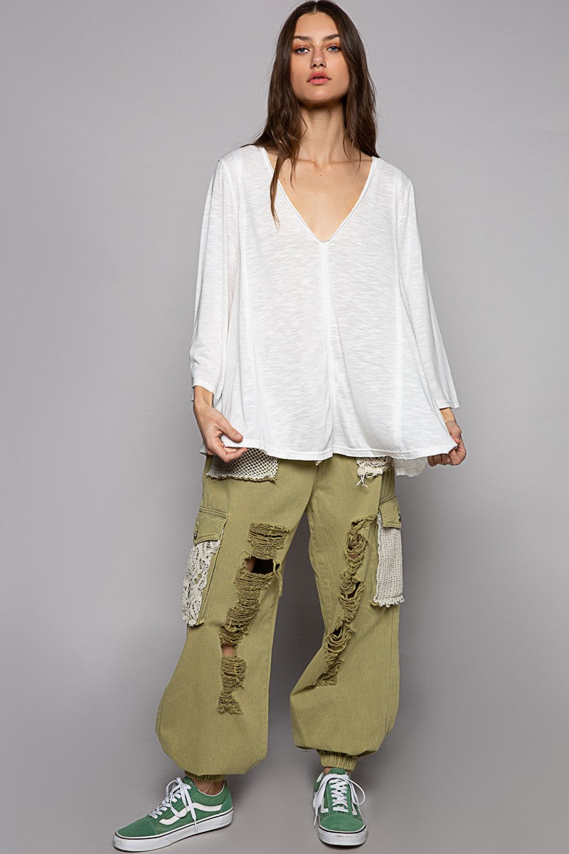 POL Oversize V Neck Long Bell Sleeve Solid Knit Top