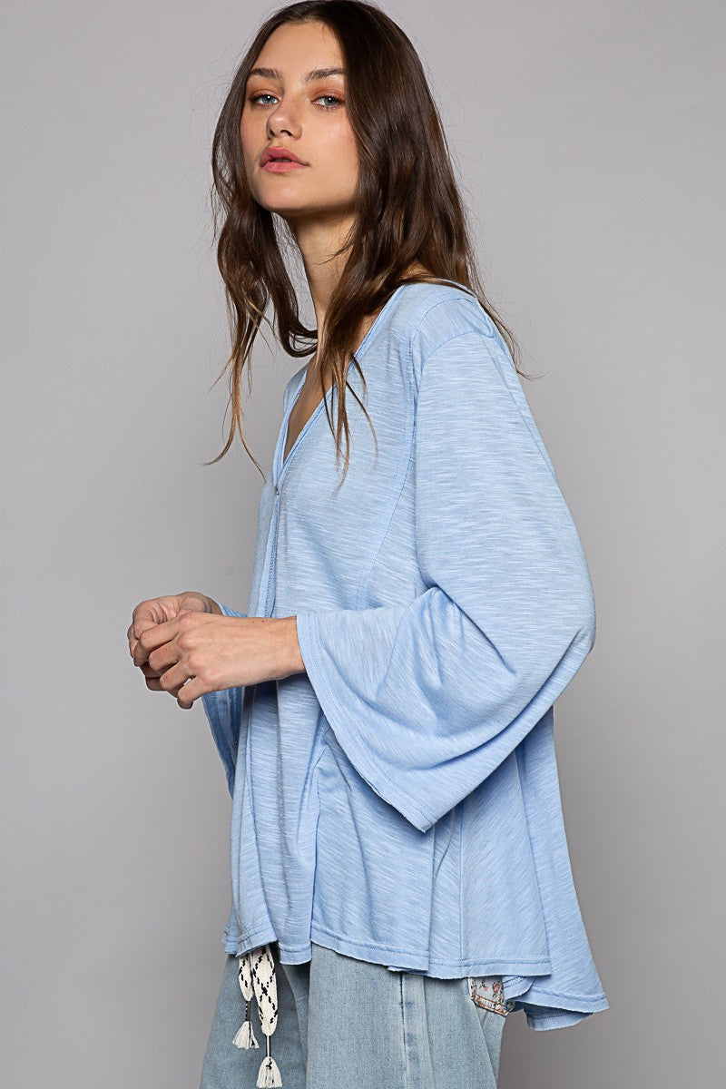 POL Oversize V Neck Long Bell Sleeve Solid Knit Top