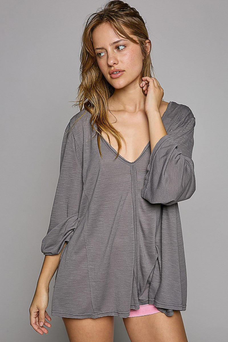 POL Oversize V Neck Long Bell Sleeve Solid Knit Top