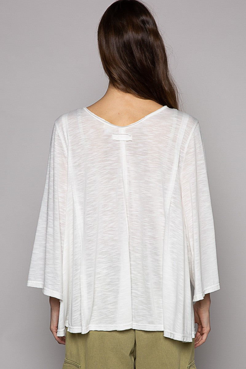 POL Oversize V Neck Long Bell Sleeve Solid Knit Top