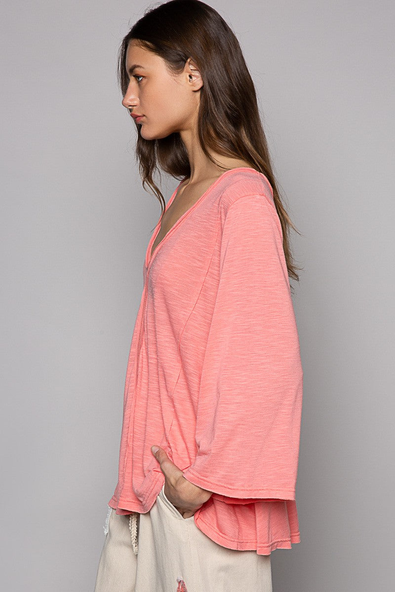 POL Oversize V Neck Long Bell Sleeve Solid Knit Top