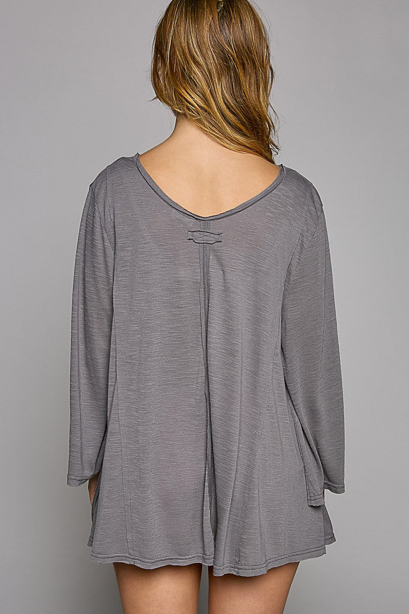 POL Oversize V Neck Long Bell Sleeve Solid Knit Top