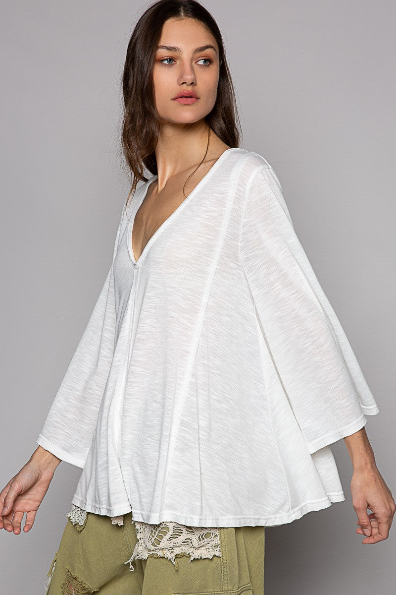 POL Oversize V Neck Long Bell Sleeve Solid Knit Top