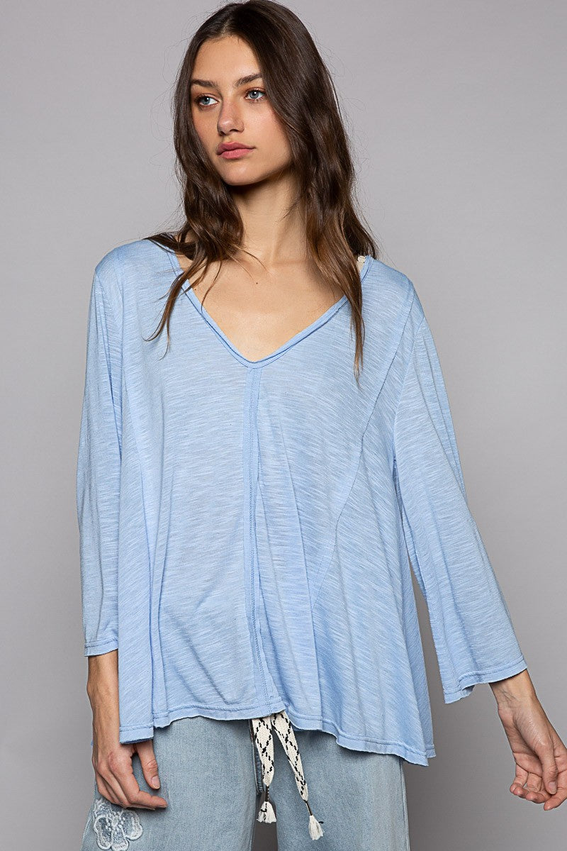 POL Oversize V Neck Long Bell Sleeve Solid Knit Top
