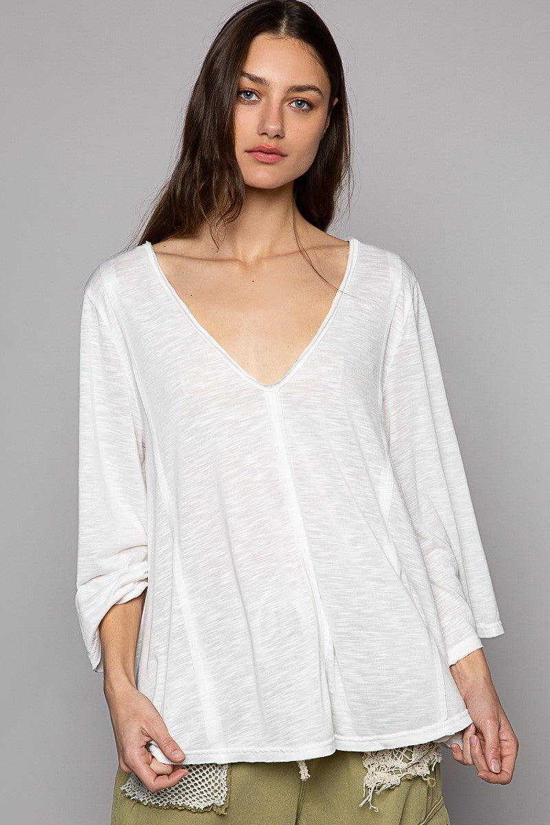 POL Oversize V Neck Long Bell Sleeve Solid Knit Top
