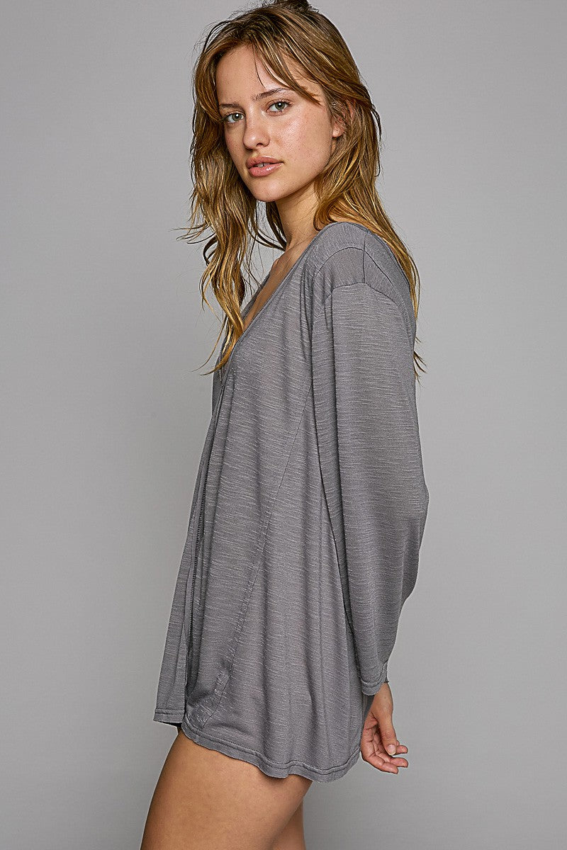 POL Oversize V Neck Long Bell Sleeve Solid Knit Top