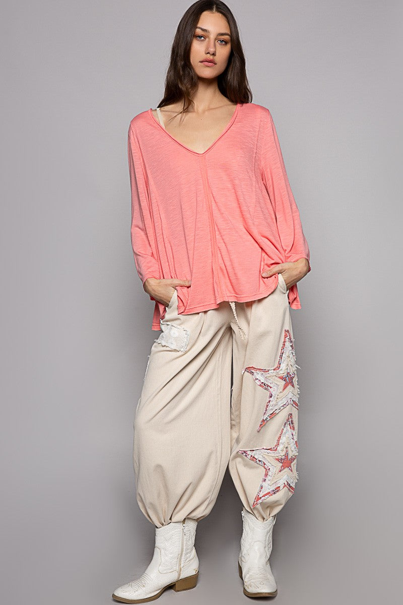 POL Oversize V Neck Long Bell Sleeve Solid Knit Top