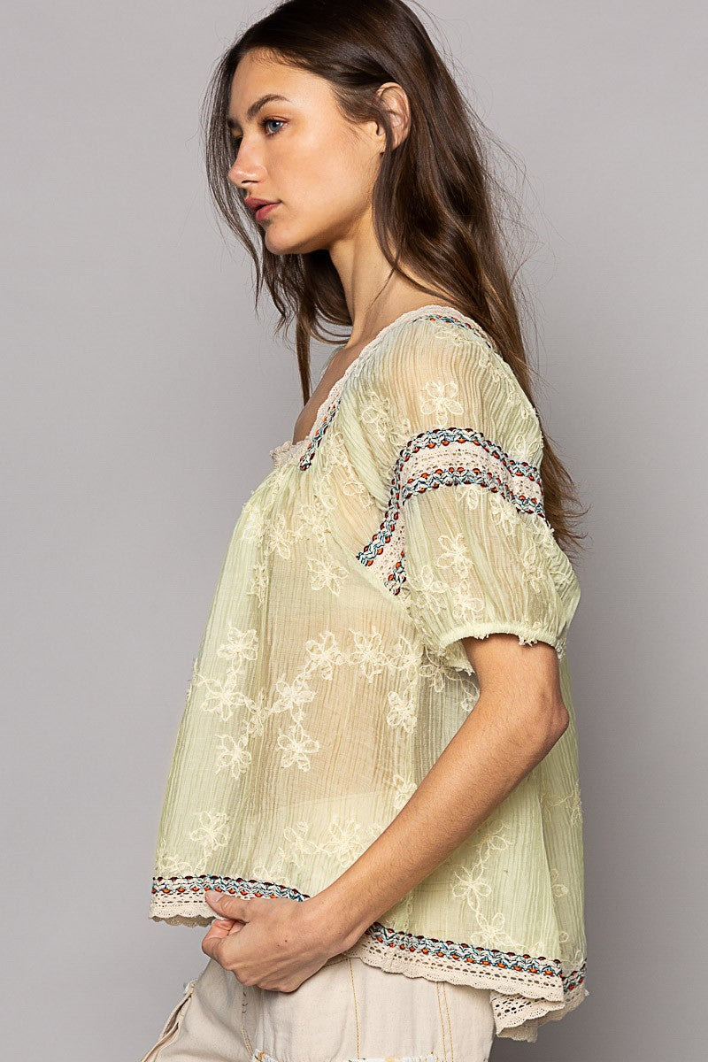 POL Square Neck Short Sleeve Embroidery Back Tie Top