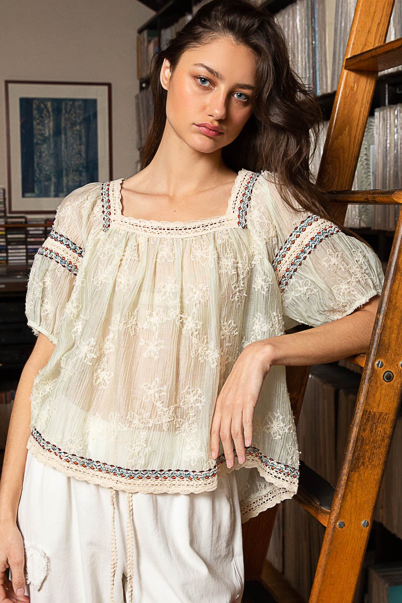 POL Square Neck Short Sleeve Embroidery Back Tie Top