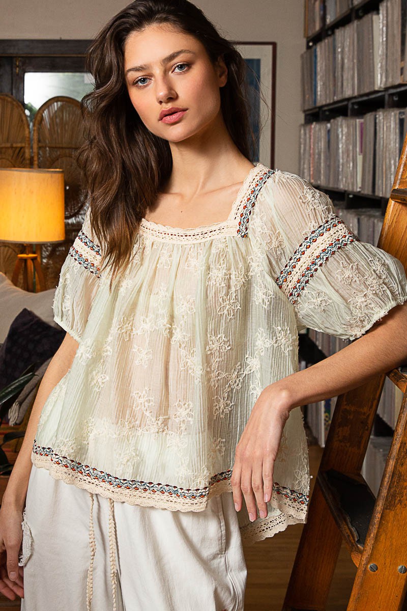 POL Square Neck Short Sleeve Embroidery Back Tie Top