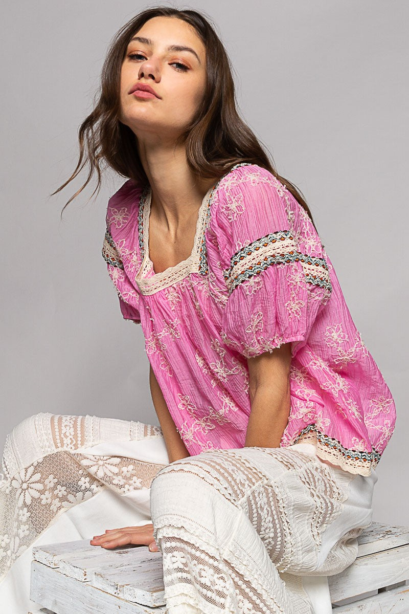 POL Square Neck Short Sleeve Embroidery Back Tie Top