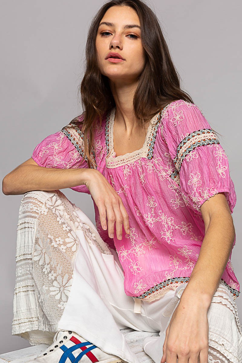 POL Square Neck Short Sleeve Embroidery Back Tie Top