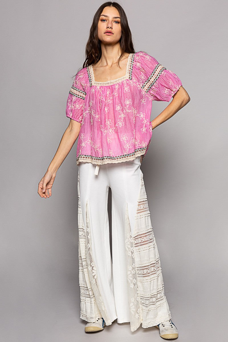 POL Square Neck Short Sleeve Embroidery Back Tie Top