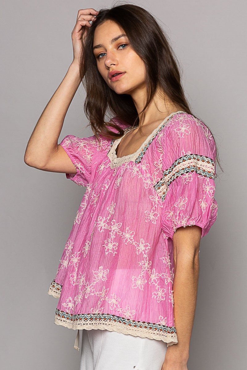 POL Square Neck Short Sleeve Embroidery Back Tie Top