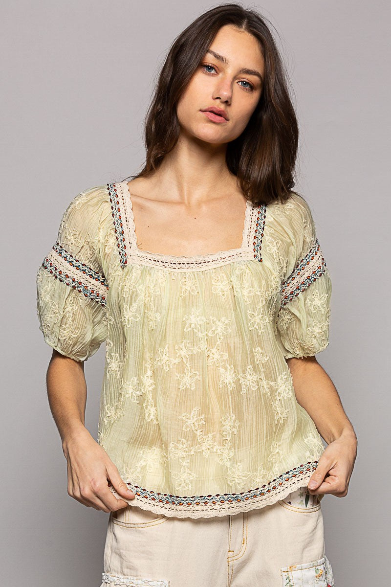 POL Square Neck Short Sleeve Embroidery Back Tie Top