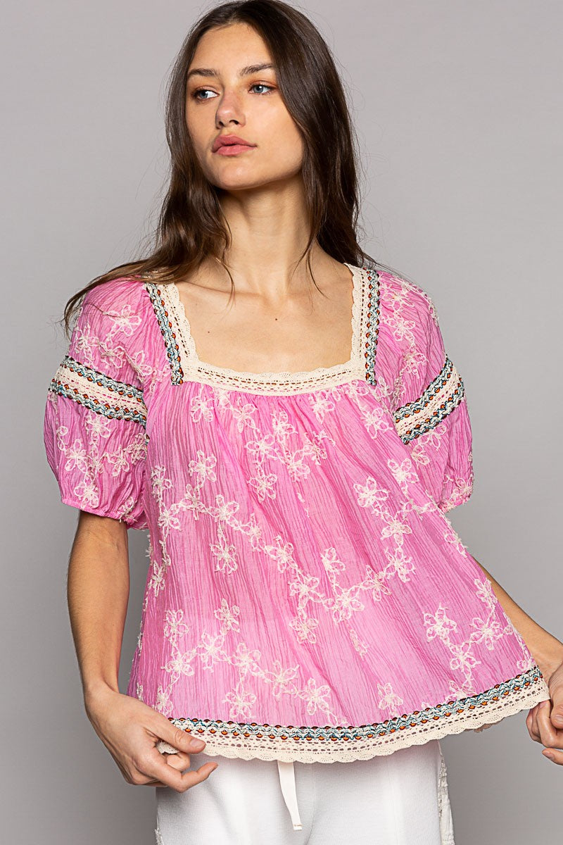 POL Square Neck Short Sleeve Embroidery Back Tie Top