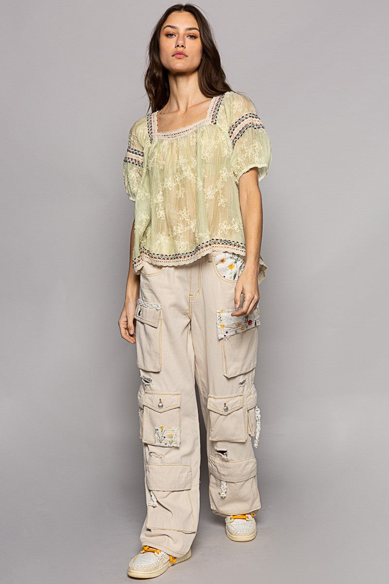 POL Square Neck Short Sleeve Embroidery Back Tie Top