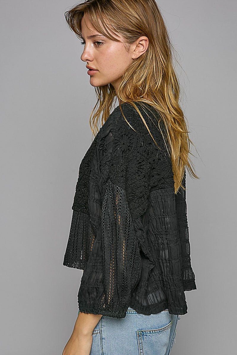 POL Crochet Chiffon Patch Button Down Top