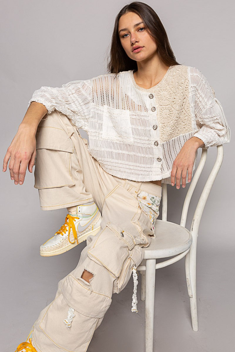 POL Crochet Chiffon Patch Button Down Top