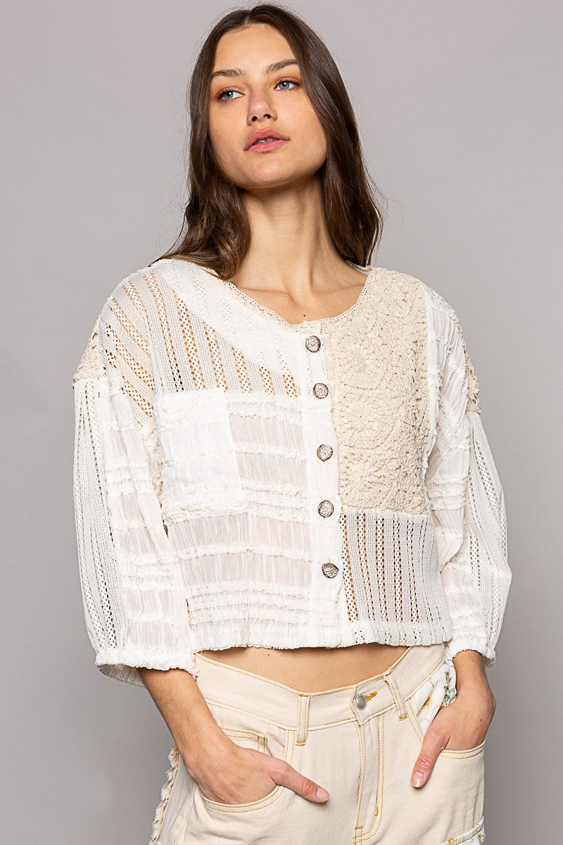 POL Crochet Chiffon Patch Button Down Top
