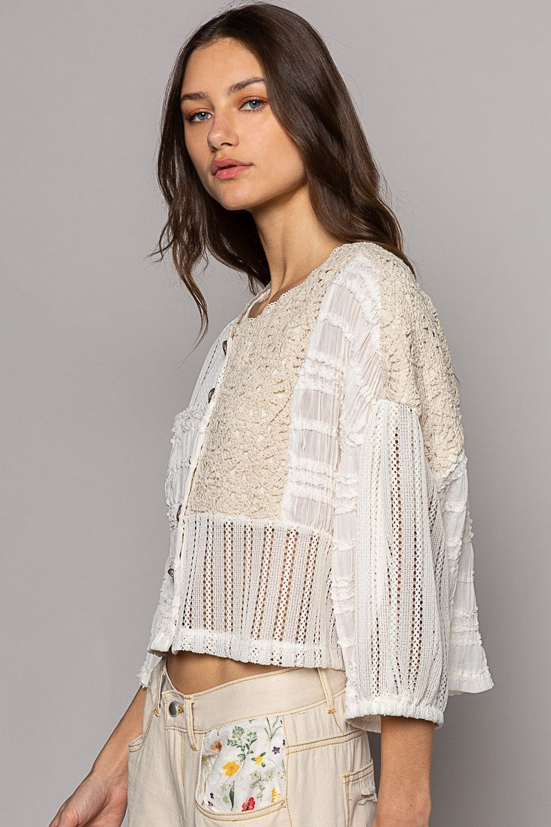 POL Crochet Chiffon Patch Button Down Top
