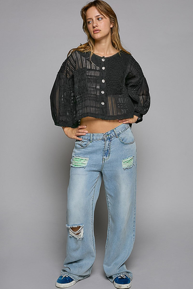 POL Crochet Chiffon Patch Button Down Top