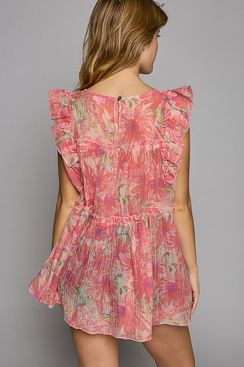 POL Round Neck Sleeveless Woven Print Tunic Top