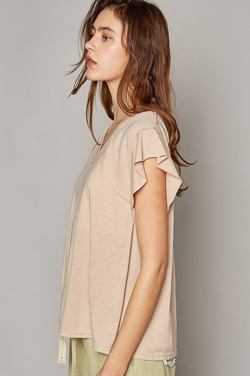 POL Ruffle Short Sleeve Solid Basic V Neck Cotton Top