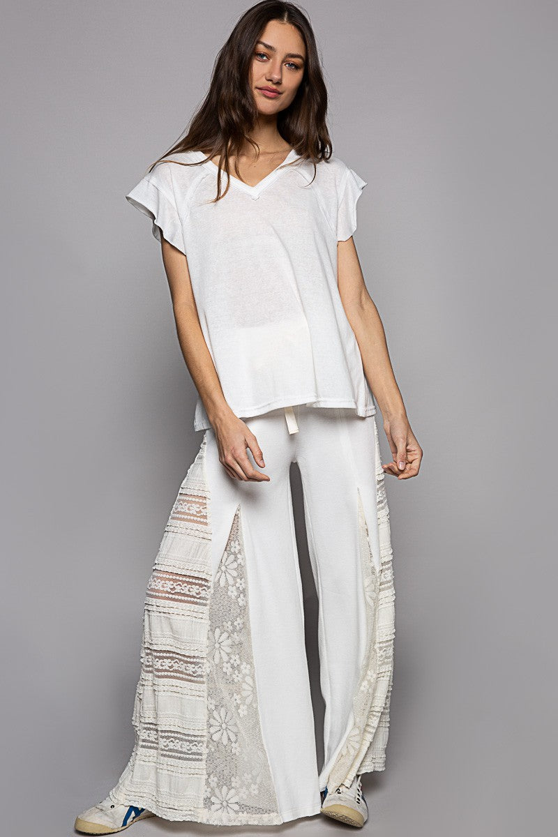 POL Ruffle Short Sleeve Solid Basic V Neck Cotton Top