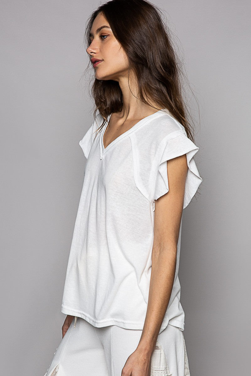 POL Ruffle Short Sleeve Solid Basic V Neck Cotton Top