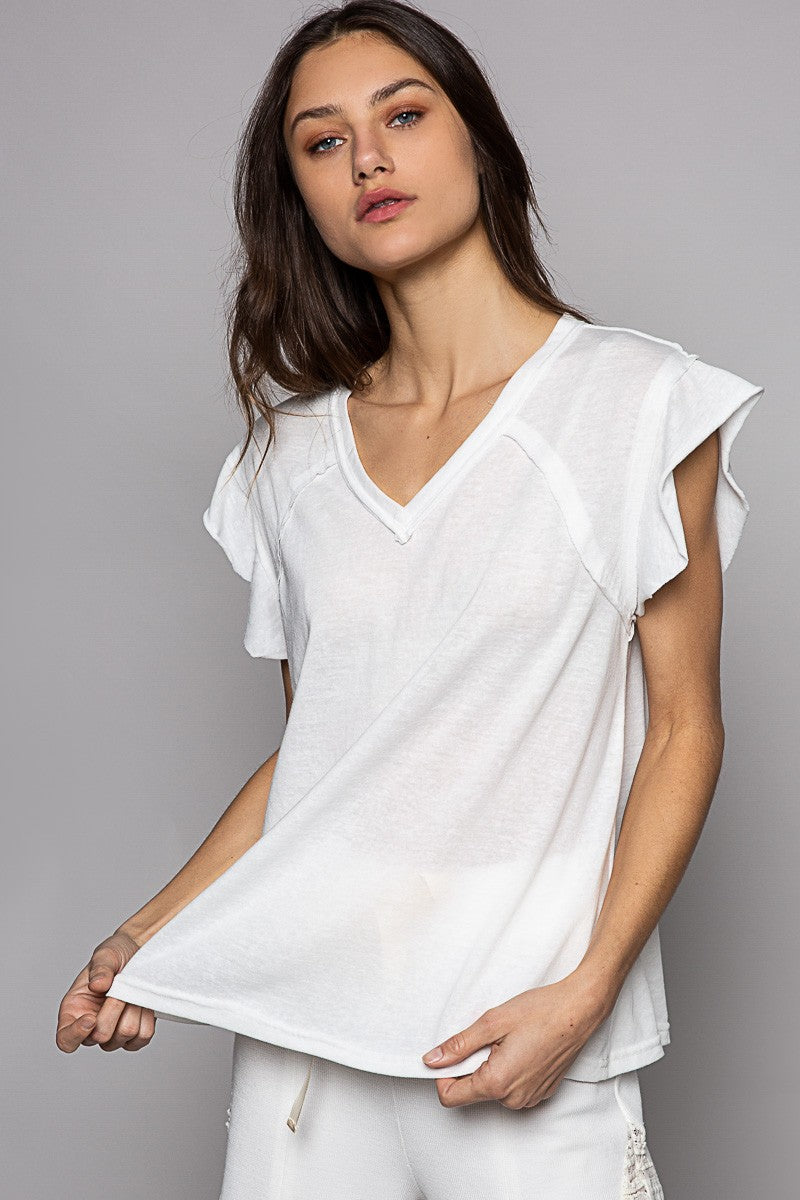 POL Ruffle Short Sleeve Solid Basic V Neck Cotton Top