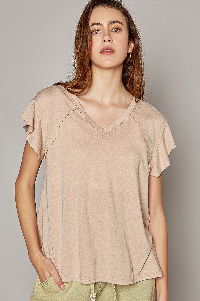 POL Ruffle Short Sleeve Solid Basic V Neck Cotton Top