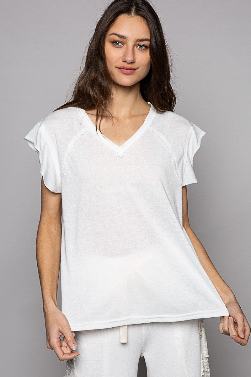 POL Ruffle Short Sleeve Solid Basic V Neck Cotton Top