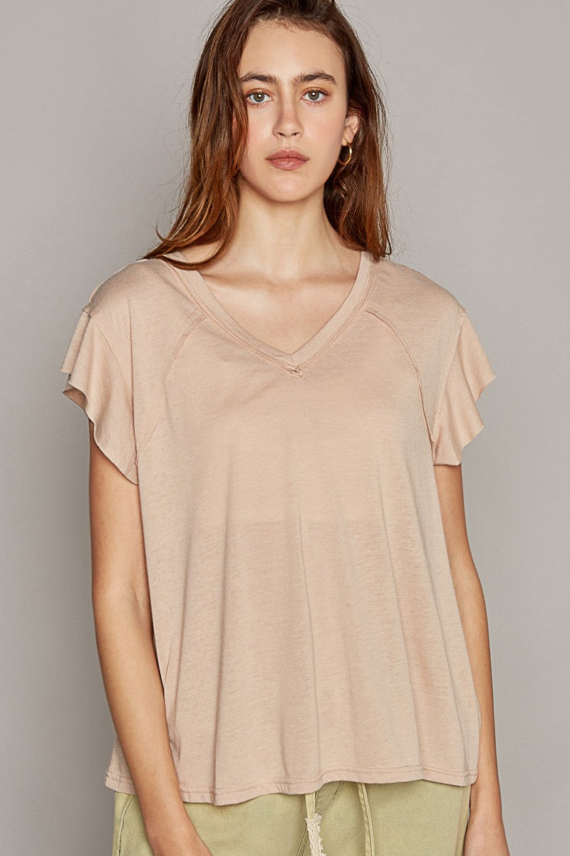POL Ruffle Short Sleeve Solid Basic V Neck Cotton Top