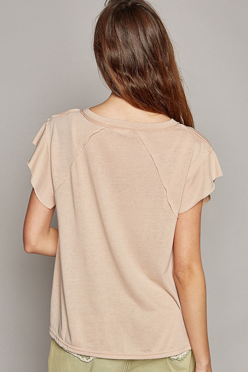 POL Ruffle Short Sleeve Solid Basic V Neck Cotton Top