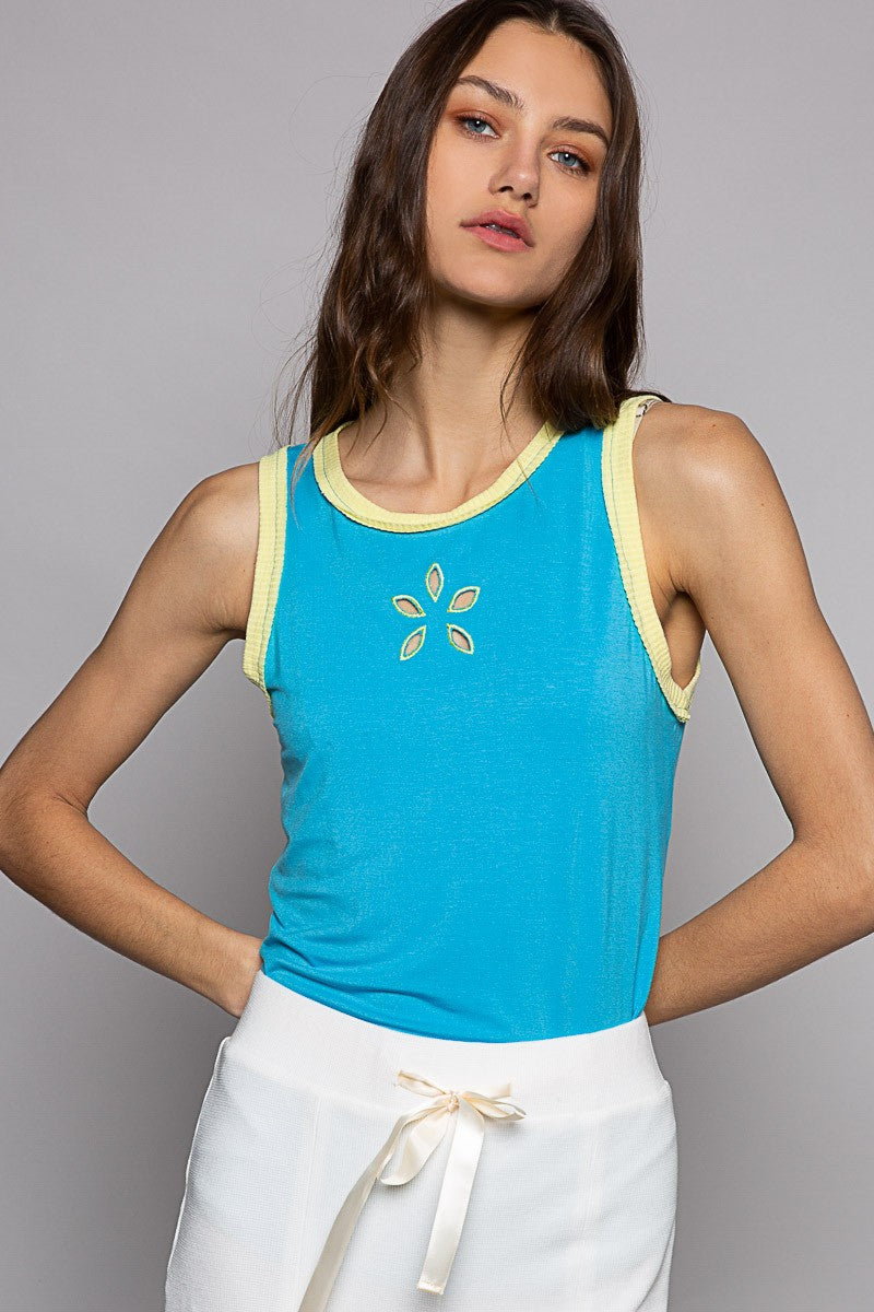 POL Vintage Flower Washed Sleeveless Laser Cut Solid Top