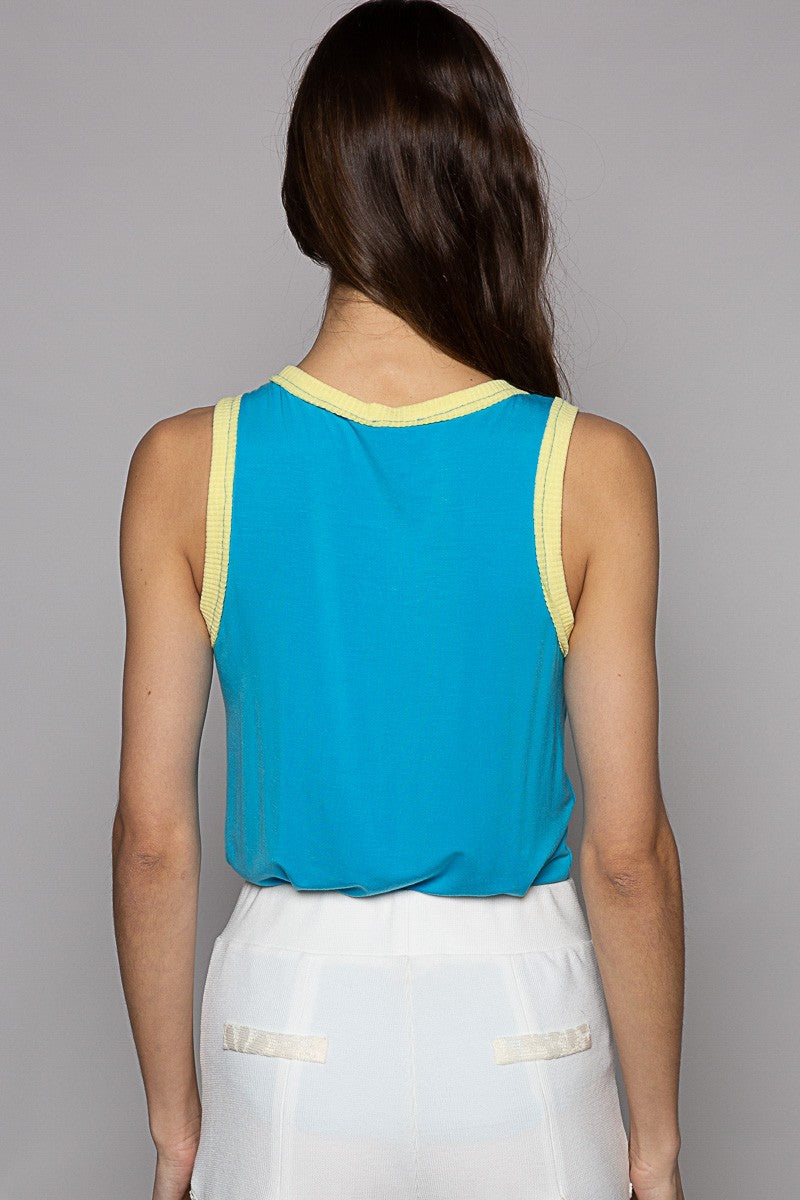 POL Vintage Flower Washed Sleeveless Laser Cut Solid Top