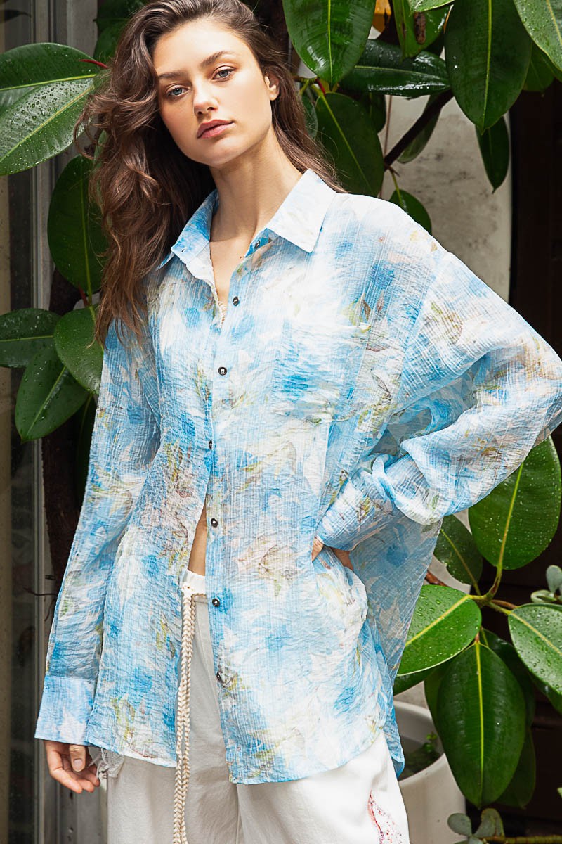 POL Floral Print Oversize Long Sleeve Button Down Top