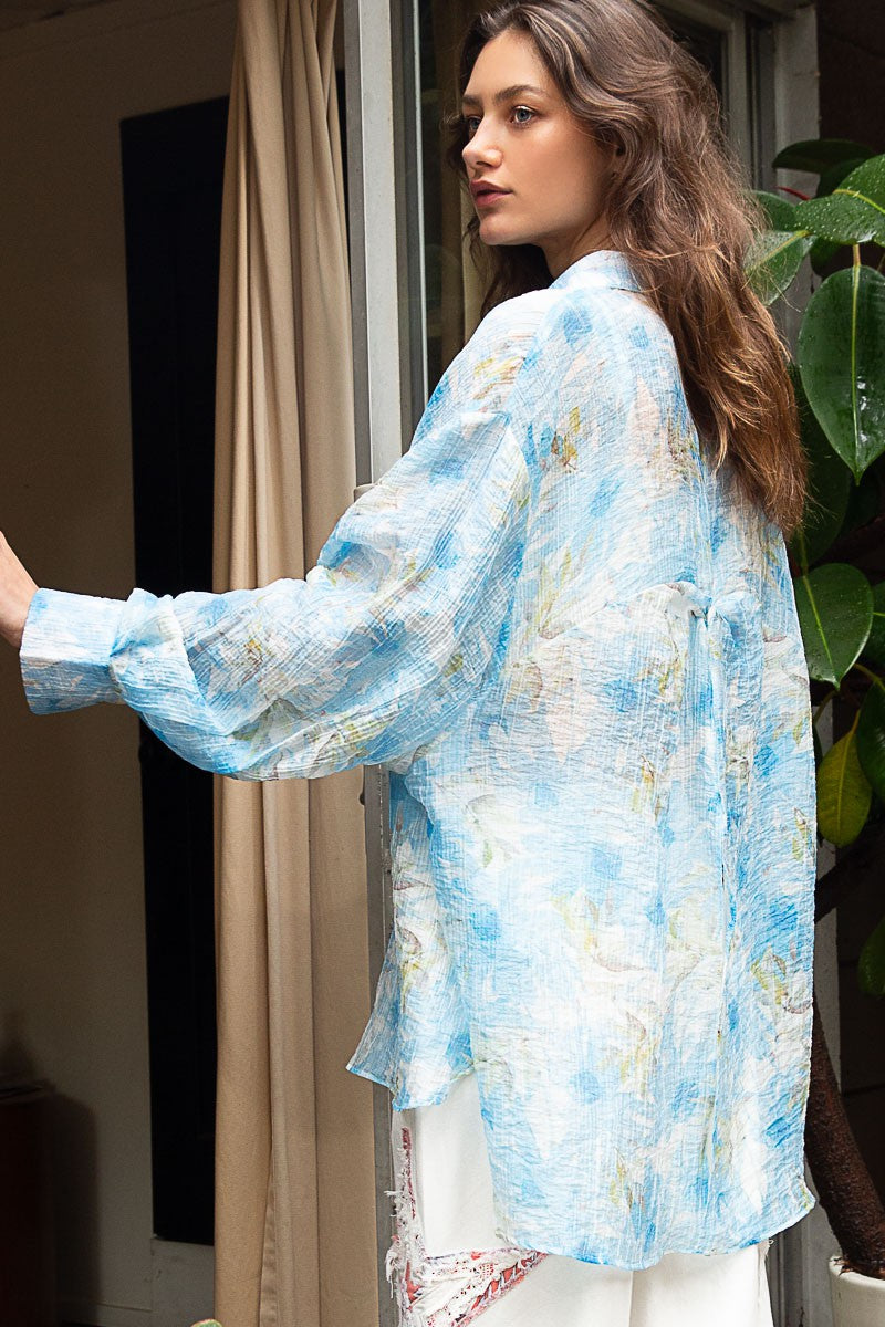POL Floral Print Oversize Long Sleeve Button Down Top