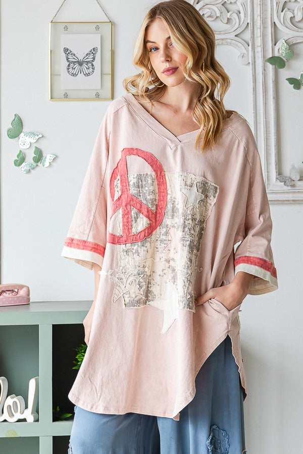 Oli & Hali Washed Peace And Star Applique Long Top