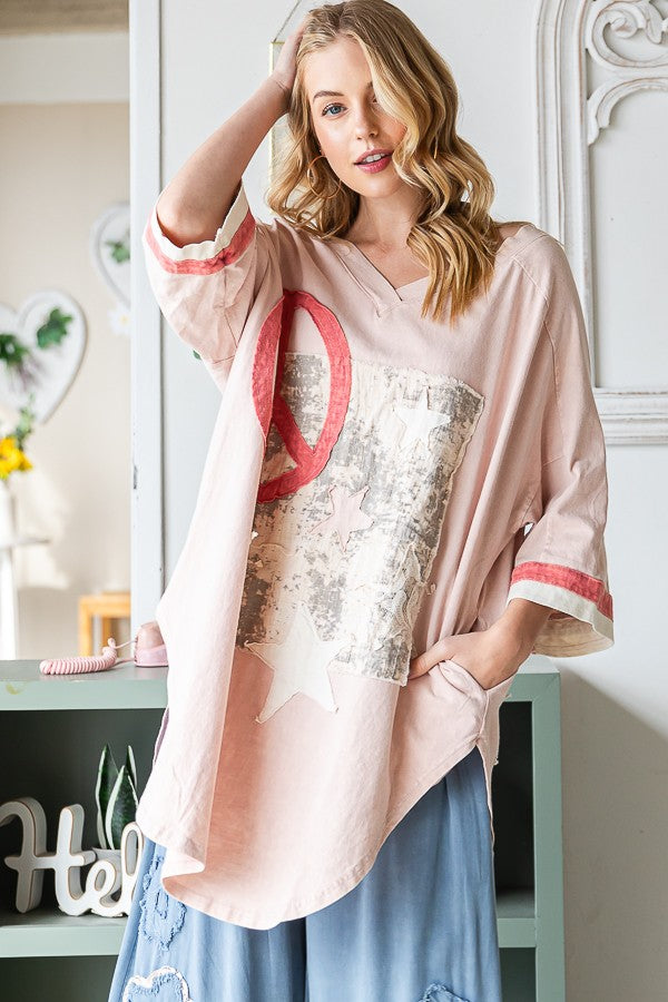 Oli & Hali Washed Peace And Star Applique Long Top