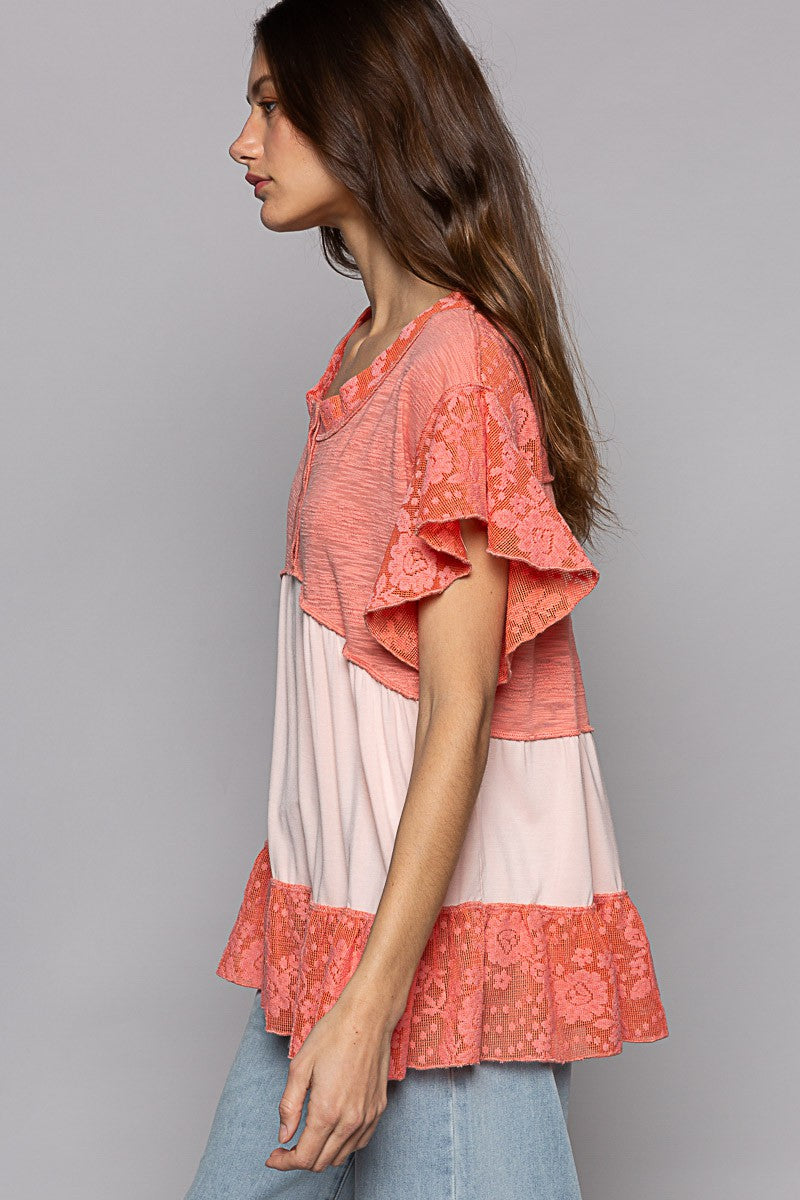 POL Scoop Neck Ruffle Sleeve Crochet Lace Solid Top