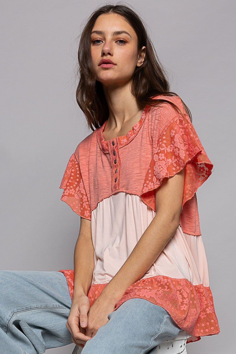 POL Scoop Neck Ruffle Sleeve Crochet Lace Solid Top