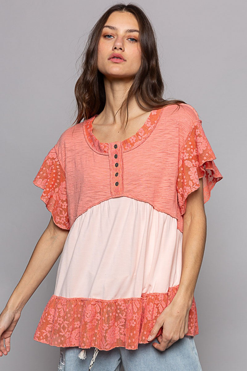 POL Scoop Neck Ruffle Sleeve Crochet Lace Solid Top