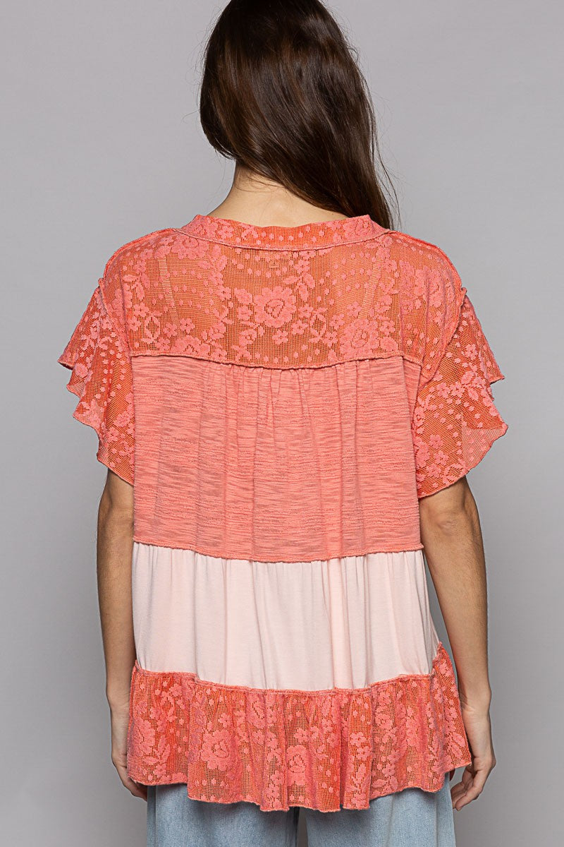 POL Scoop Neck Ruffle Sleeve Crochet Lace Solid Top