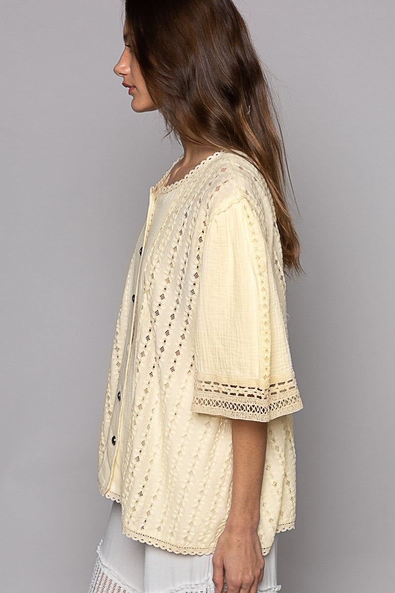 POL Oversize Short Sleeve Lace Contrast Button Down Top